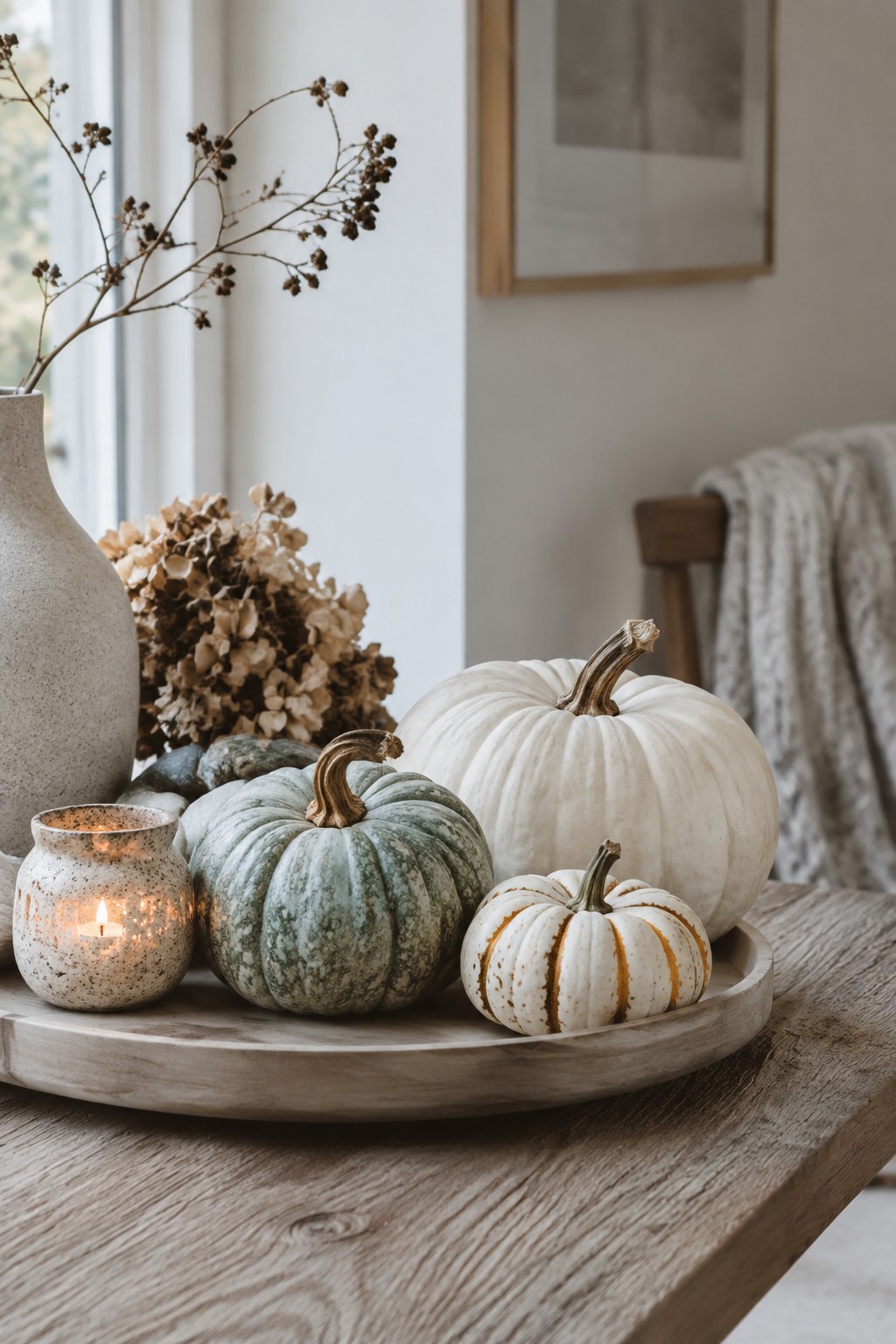 Wooden tray on a table holding white and green pumpkins, including one small white pumpkin with gold stripes, next to a lit candle and a ceramic vase.