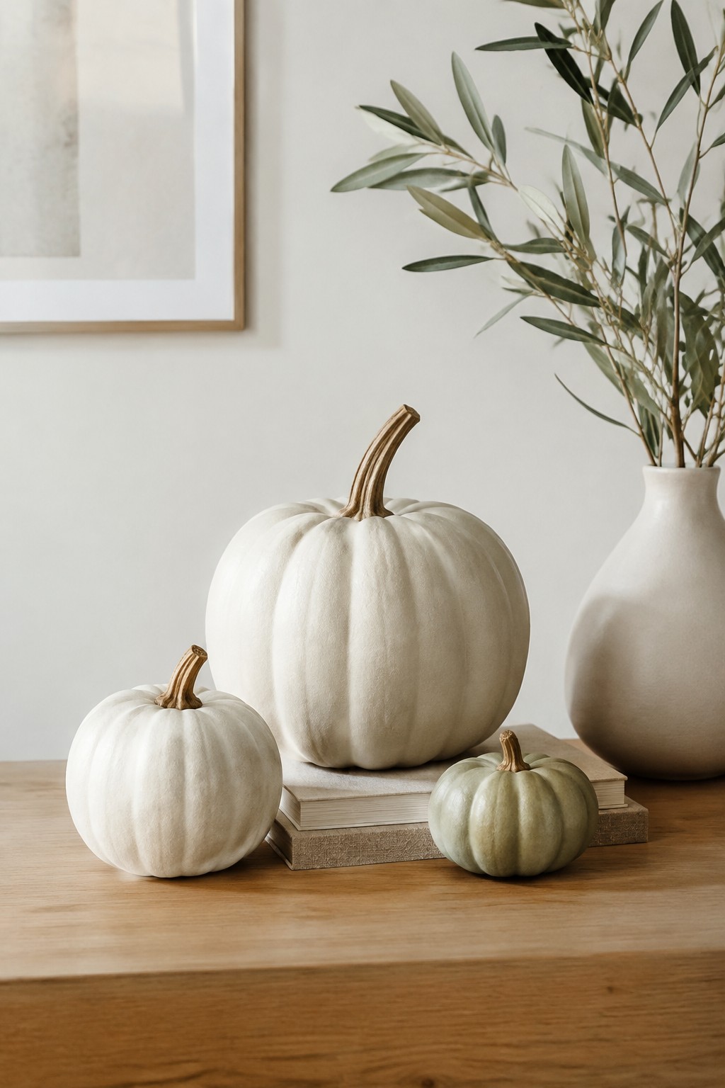 Three painted pumpkins in white and light green sit on stacked books beside a ceramic vase on a wooden table.