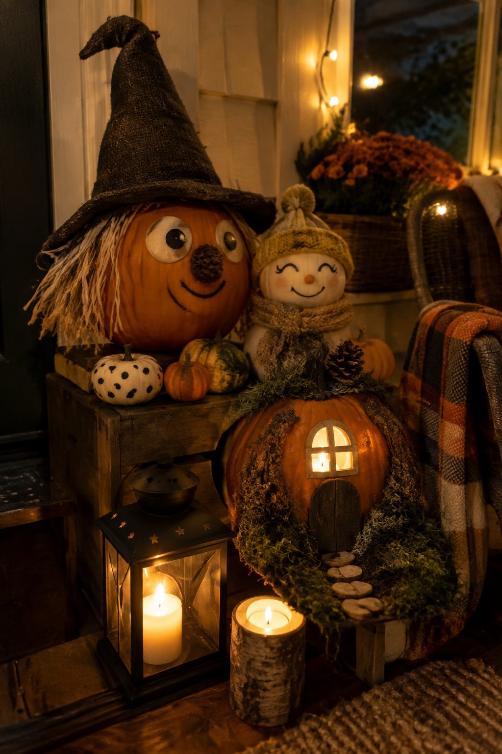 Pumpkin scarecrow with witch hat beside glowing pumpkin house, snowman gourd, and flickering candles.