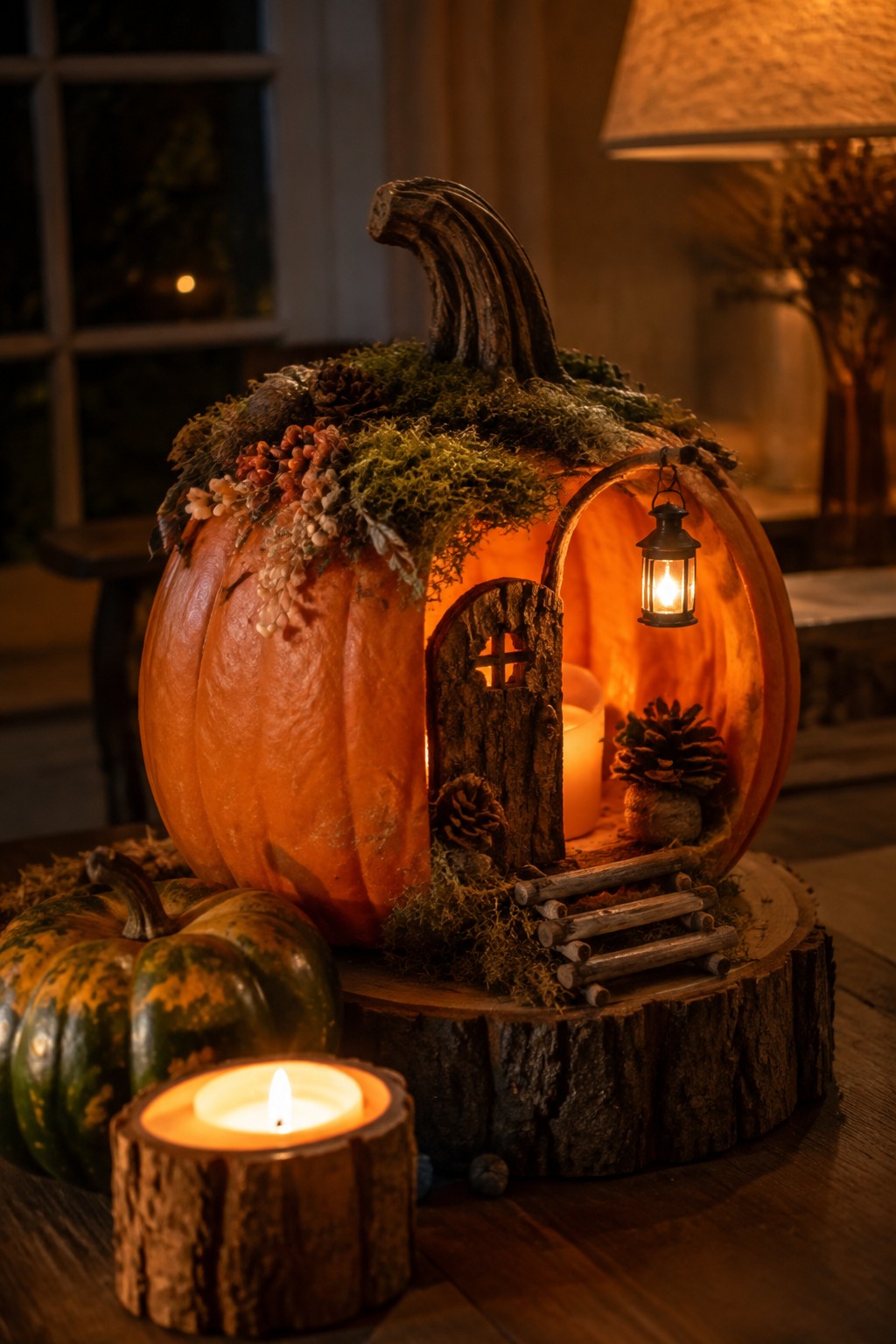 Carved pumpkin fairy house with glowing lantern, wooden door, moss roof, and candles