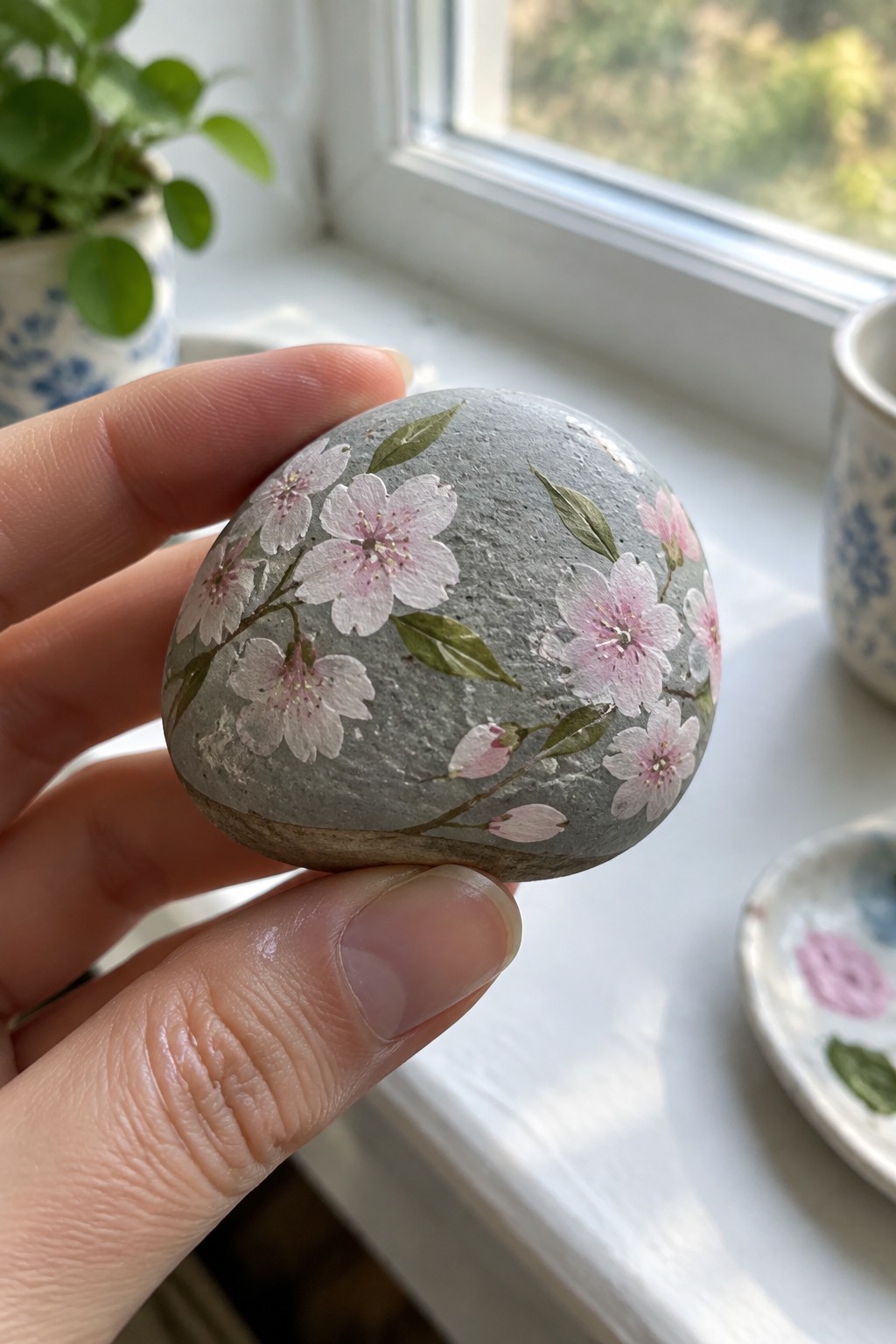 Hand holding gray stone painted with pink cherry blossoms and green leaves