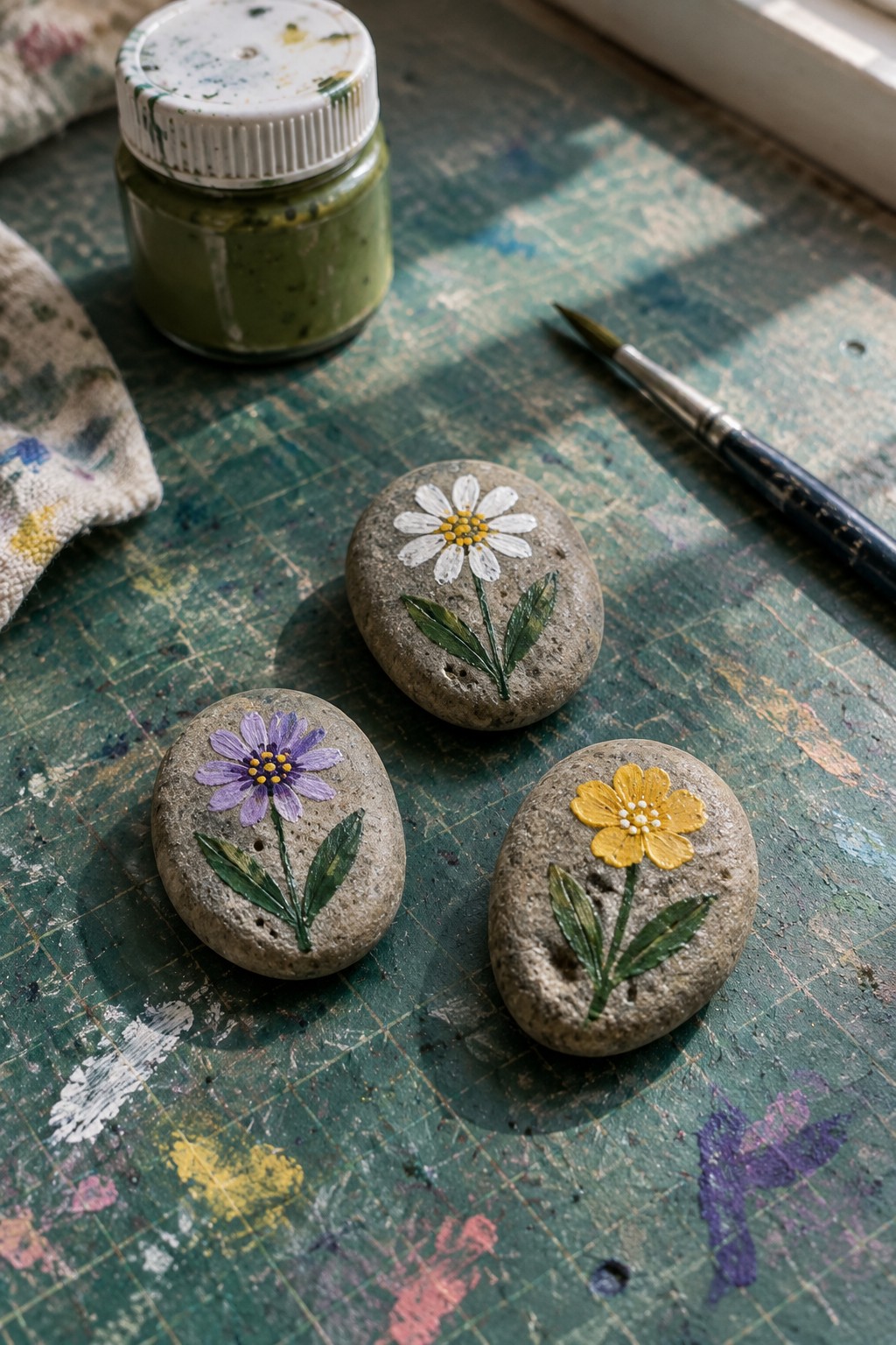 Three flower-painted stones beside green paint jar and brush on wooden table.