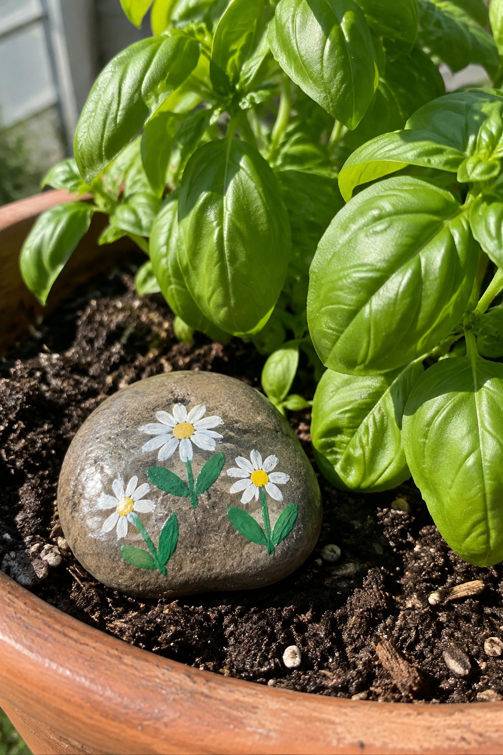 Painted rock with white daisies among green basil leaves in a terracotta pot.