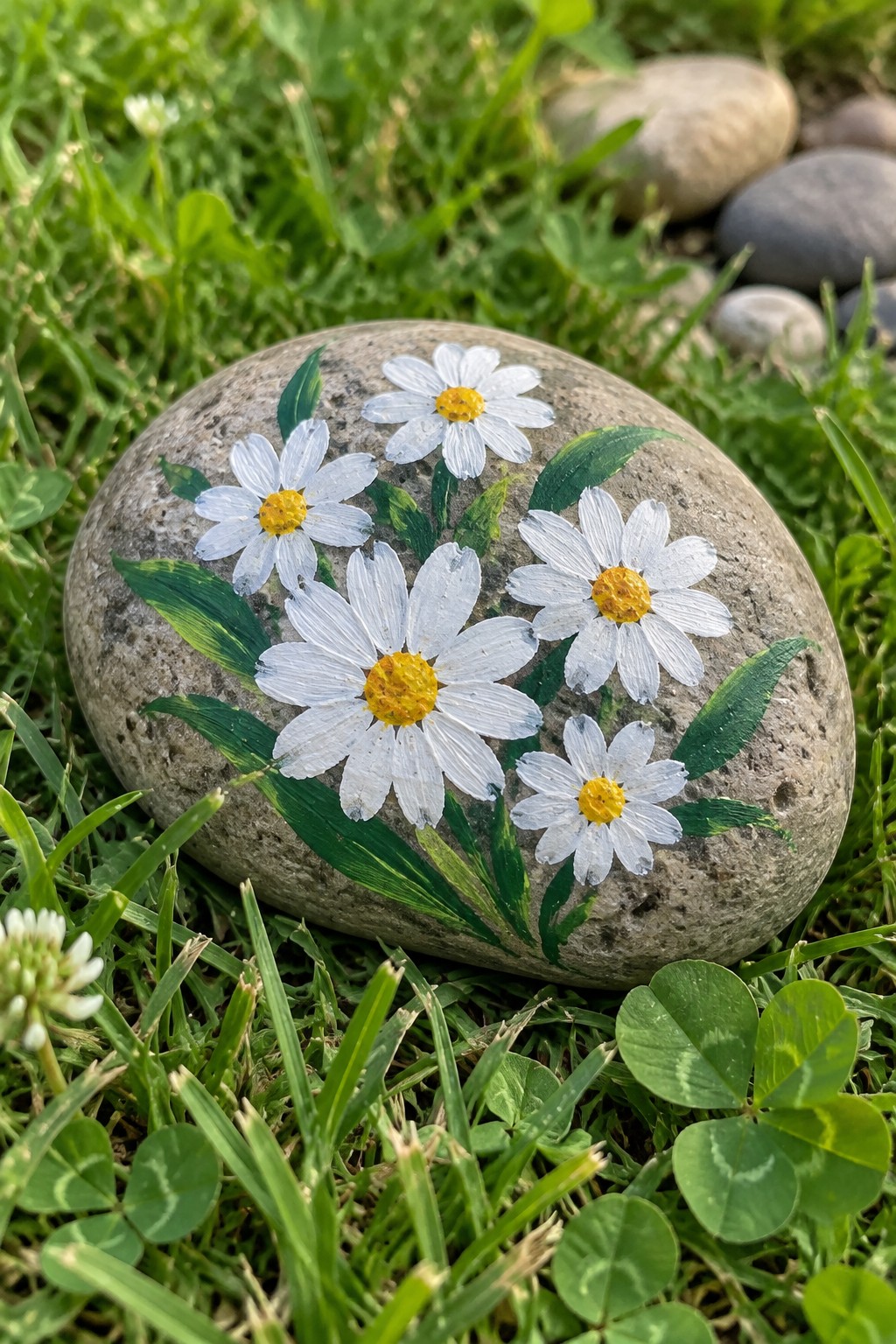 Gray rock painted with white daisies and green leaves on grass