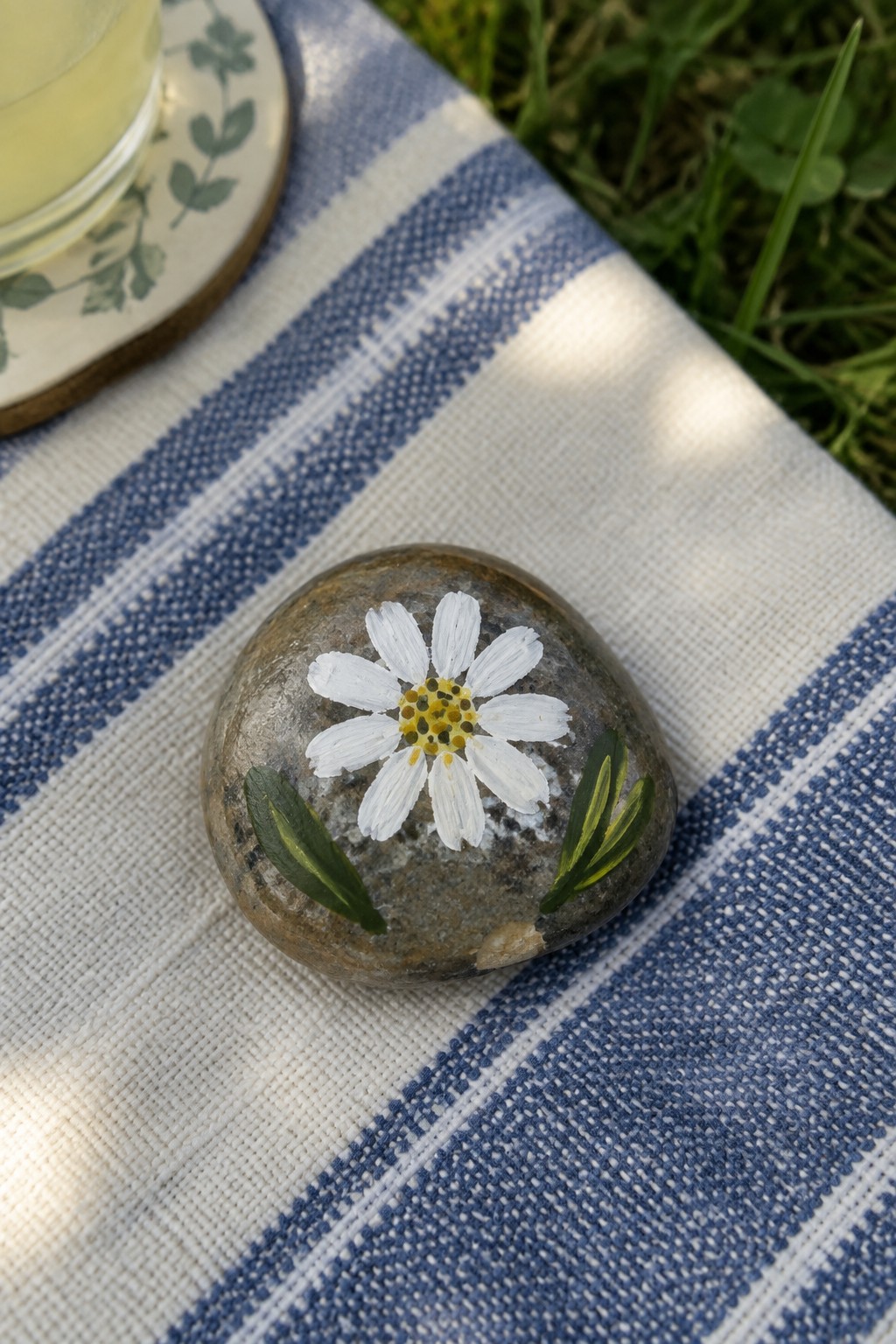 Painted stone with white daisy on blue striped picnic blanket outdoors