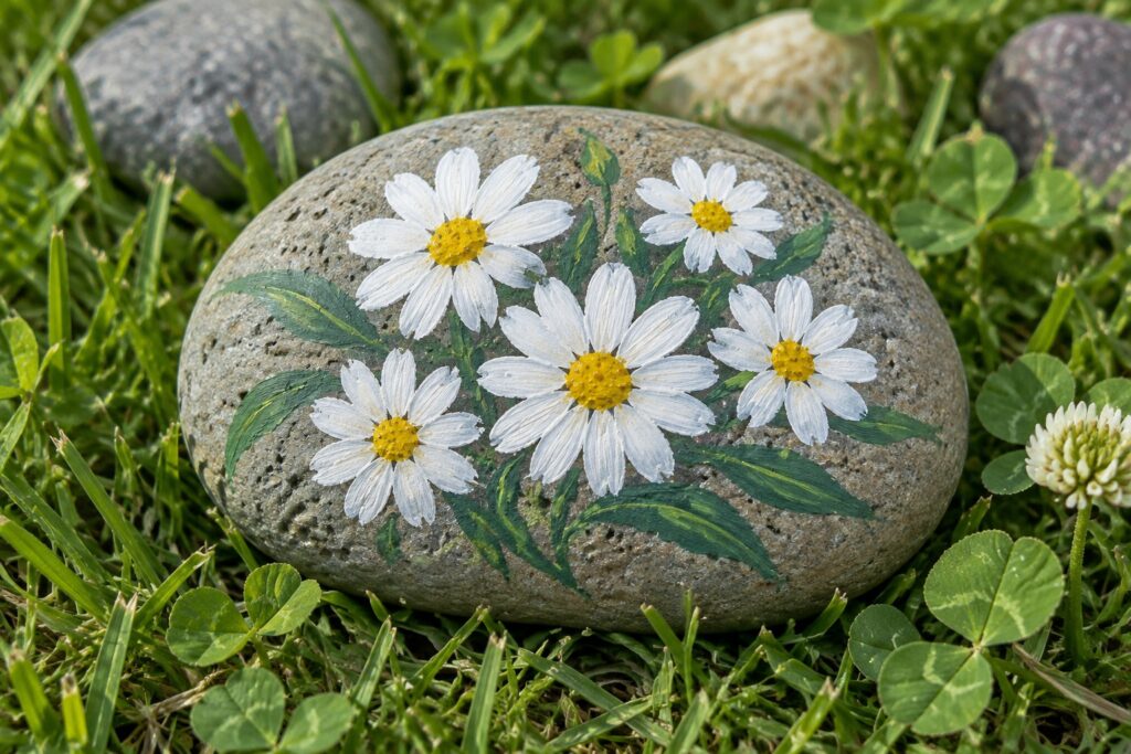 Gray rock painted with white daisies and green leaves on grass