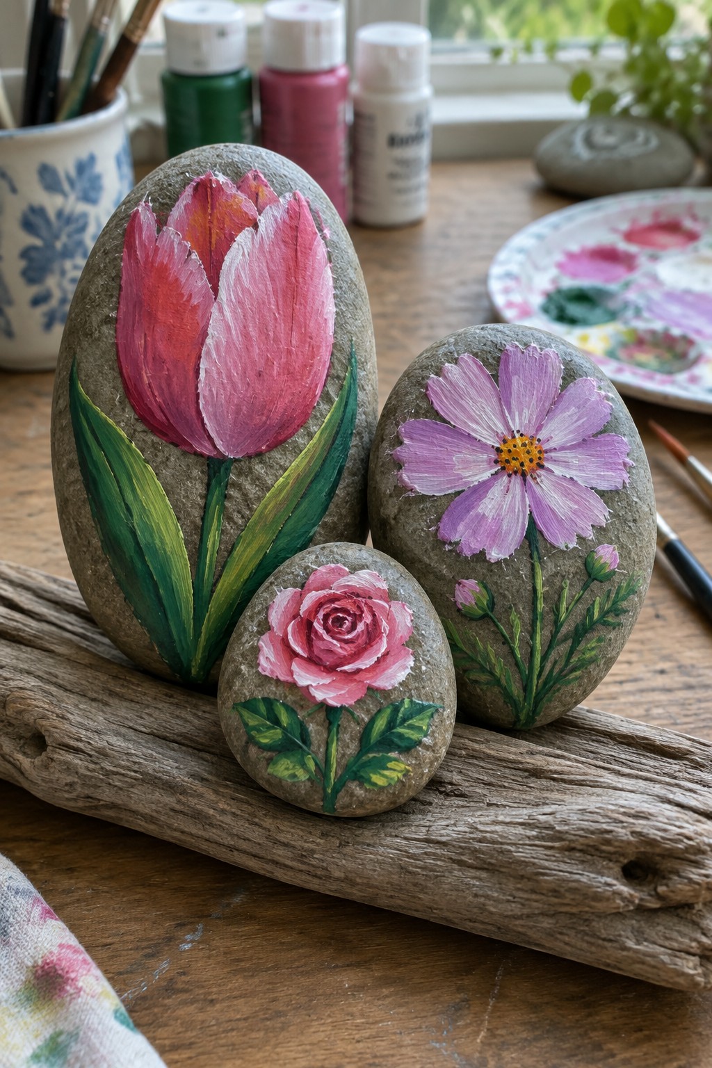 Three rocks painted with pink tulip, rose, and purple flower amid art supplies
