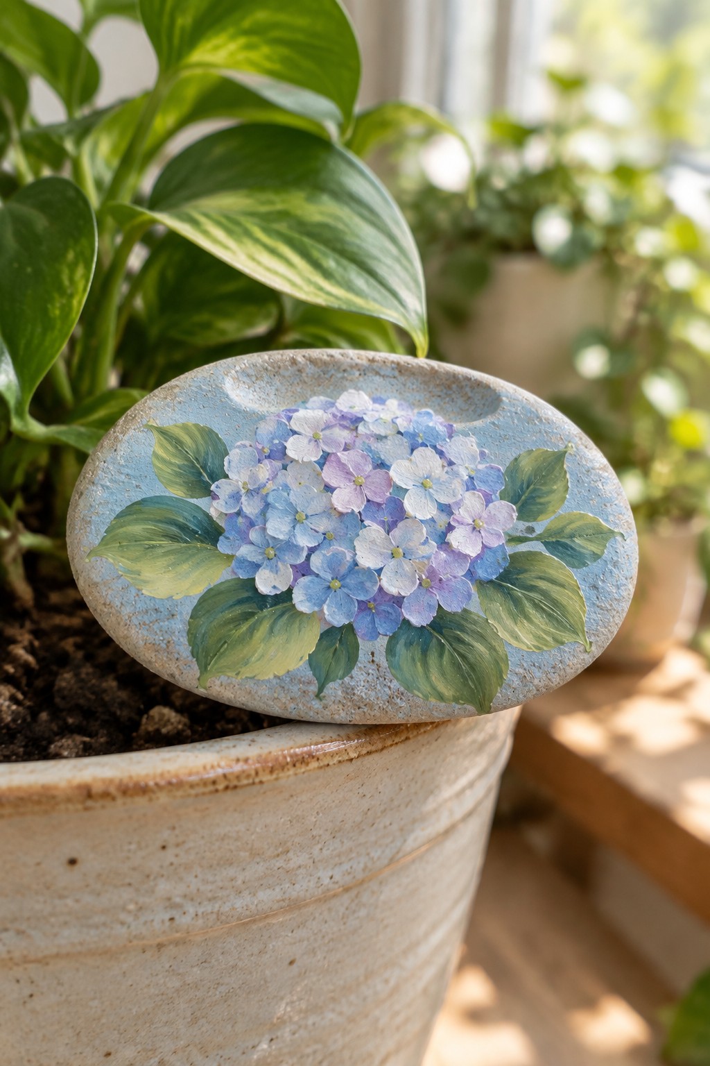 Painted stone with blue-purple hydrangeas and green leaves on a ceramic pot