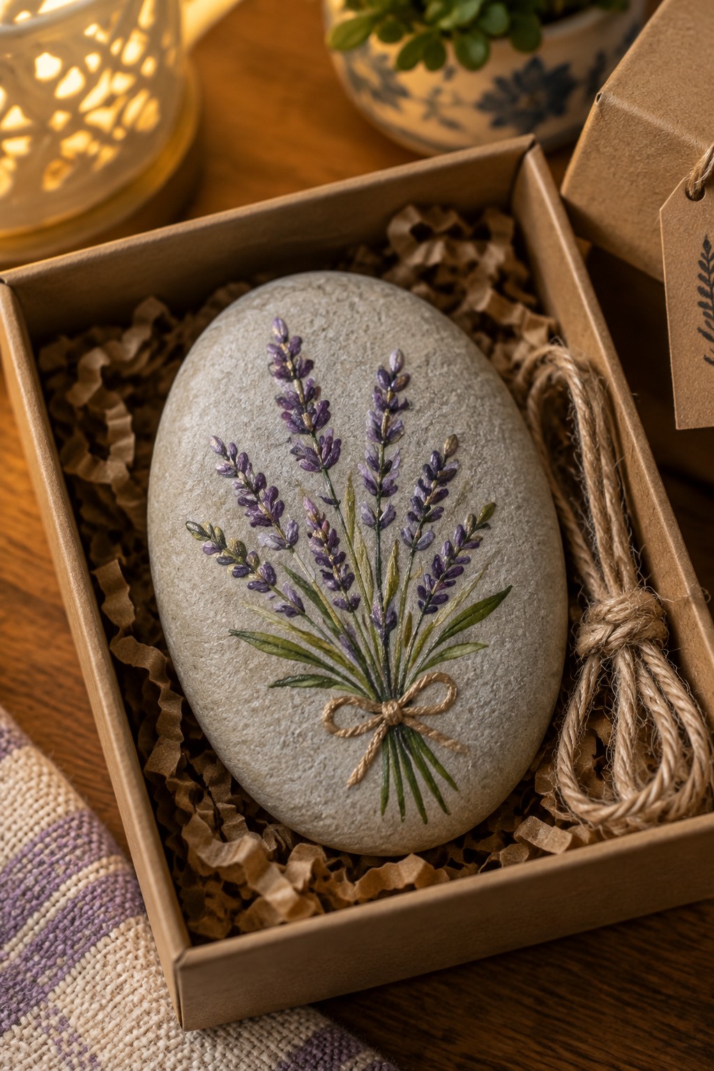 Painted gray stone with purple lavender bouquet in brown gift box with twine