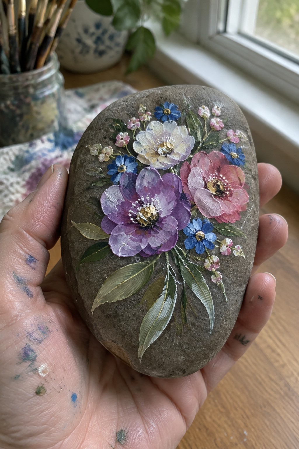 Hand holding gray stone painted with purple, pink, blue flowers and leaves