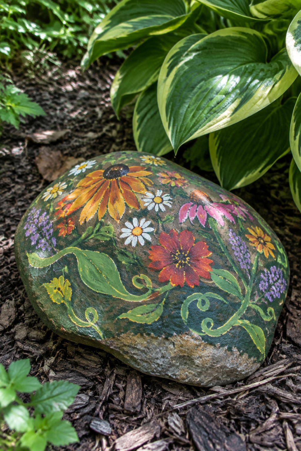 Painted rock with vibrant flowers amid green hosta leaves and garden mulch