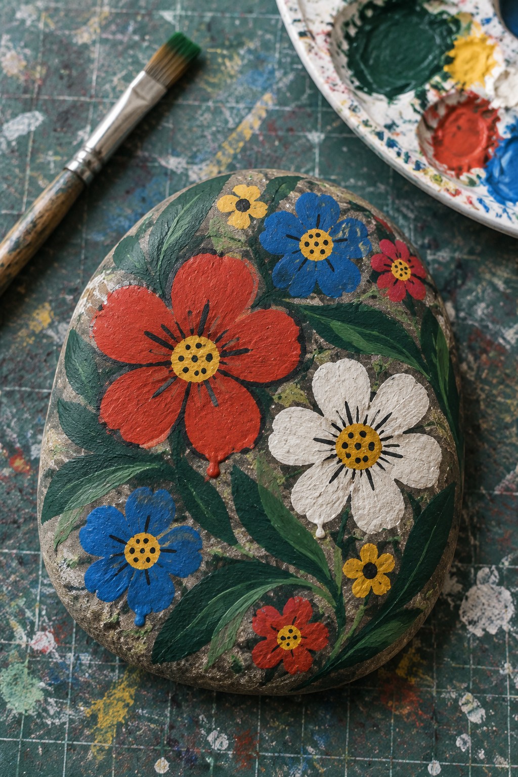 Painted rock with red, blue, white and yellow flowers near paintbrush and palette.