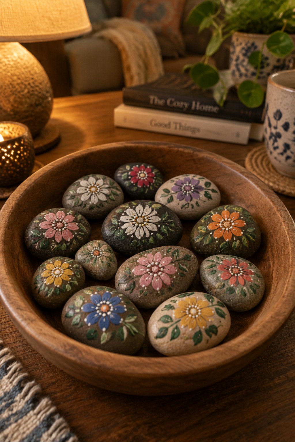 A wooden bowl on a table holds about a dozen smooth stones painted with colorful flowers and green leaves.