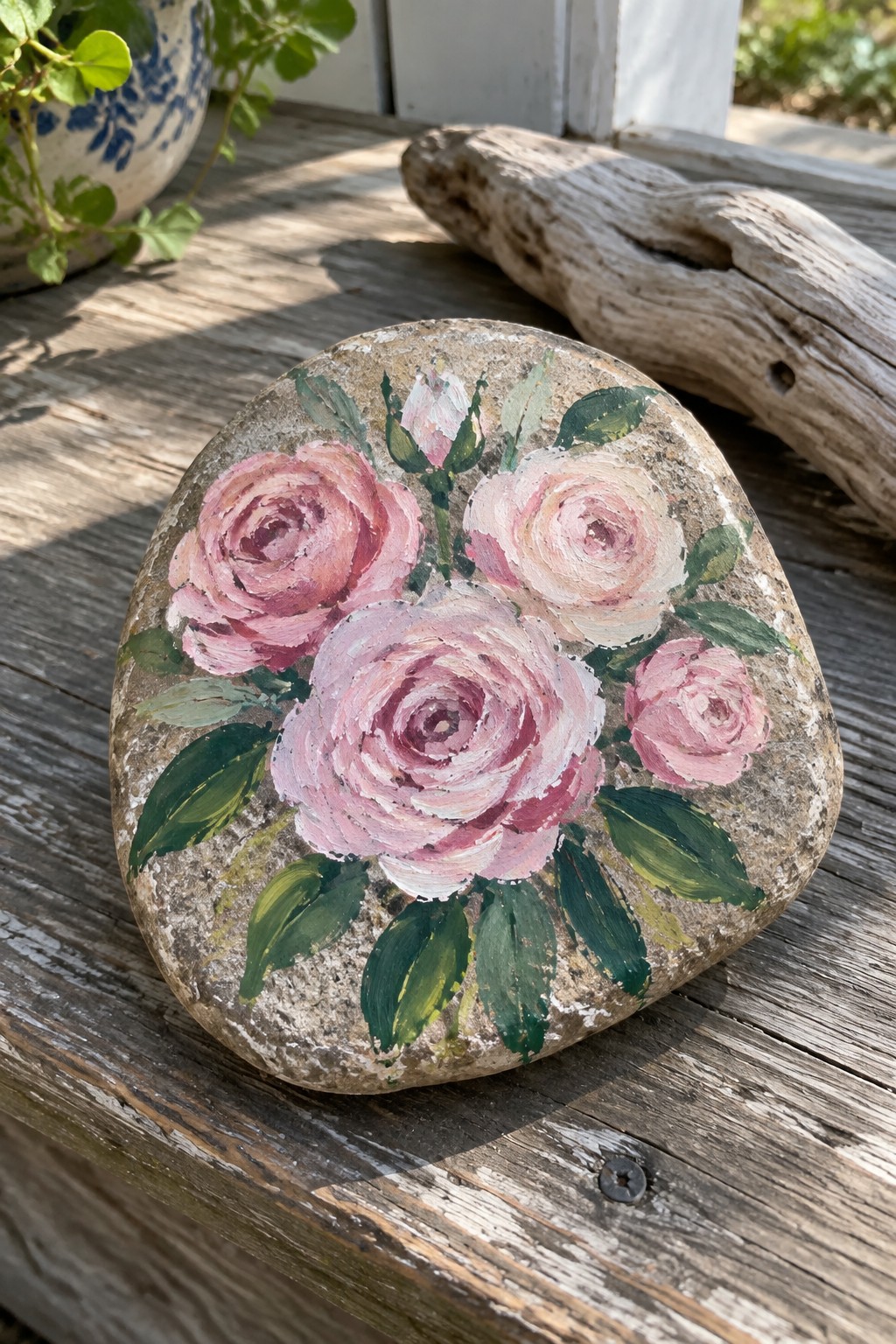 Painted rock with pink roses and green leaves on weathered wood