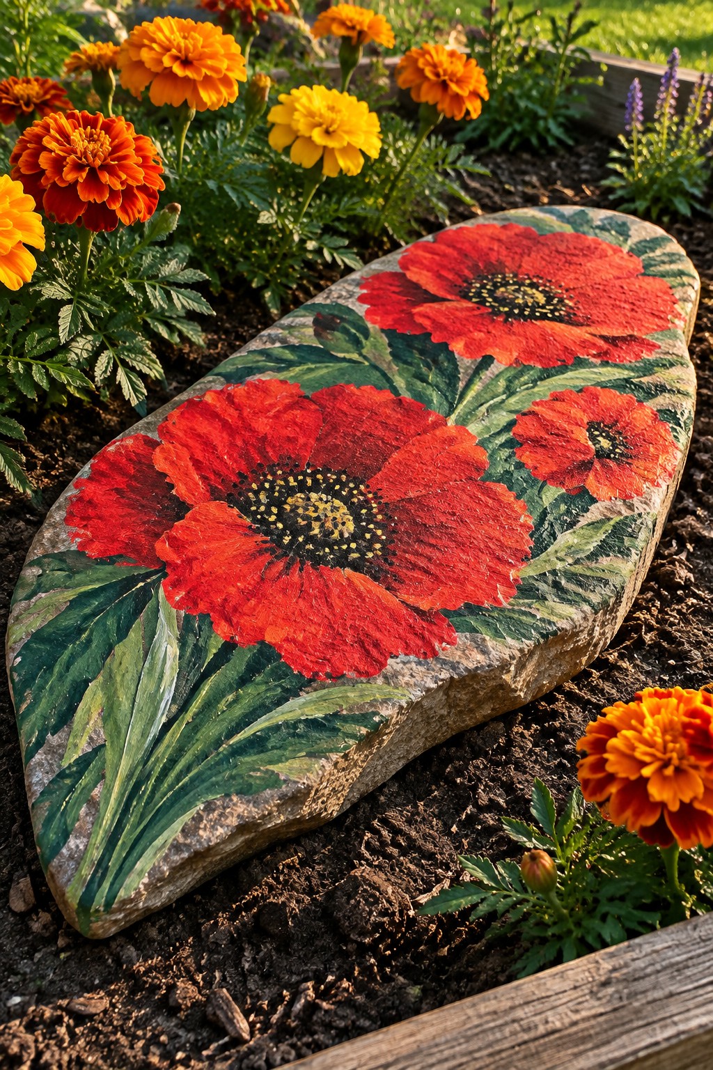 Painted rock with red poppies and green leaves amid orange marigolds in garden soil.
