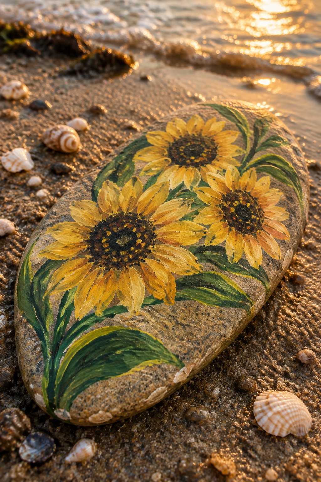 Painted rock with yellow sunflowers on sandy beach amid seashells at sunset