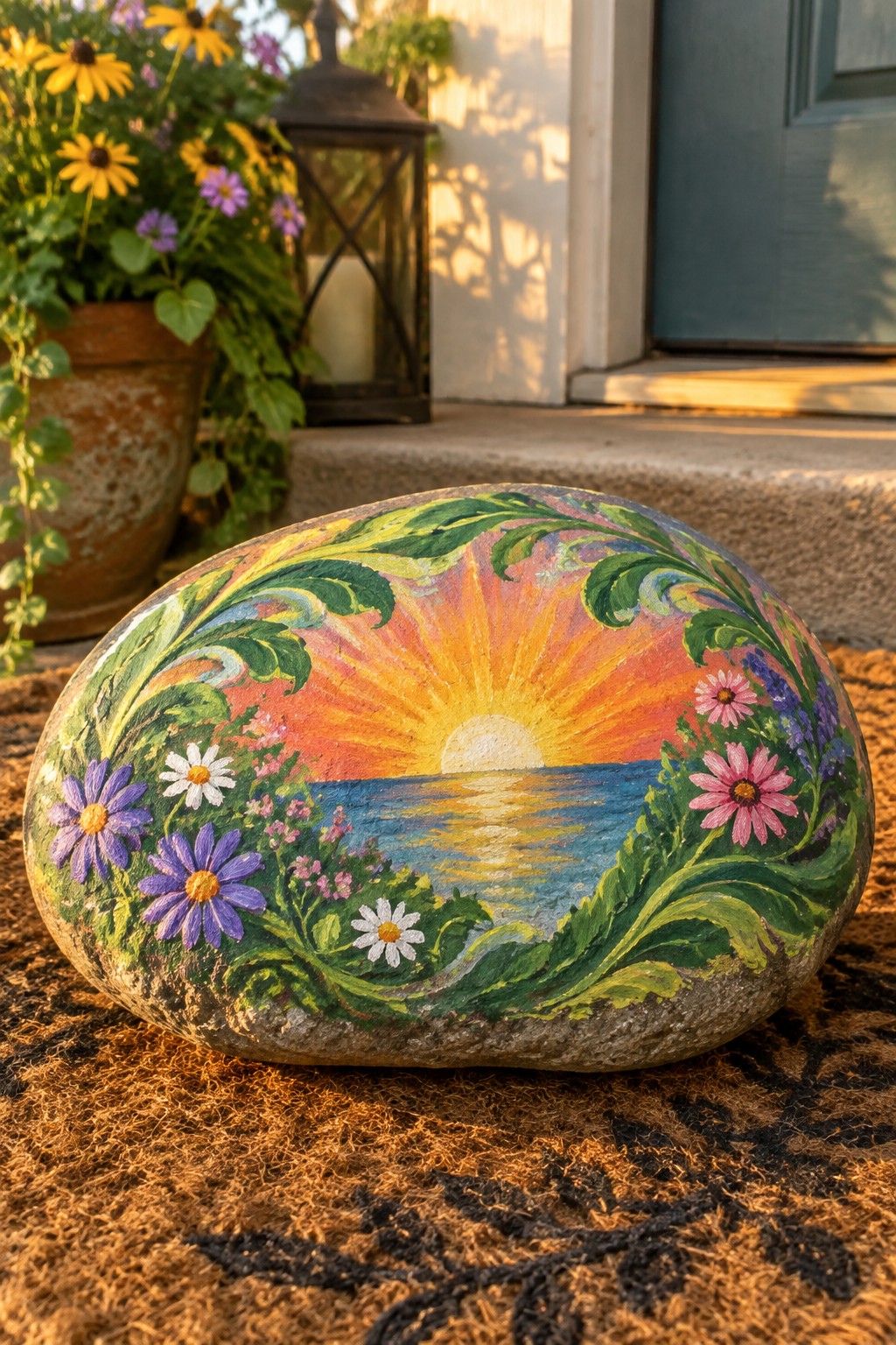Painted rock with vibrant sunset over ocean, flowers, and vines on doormat