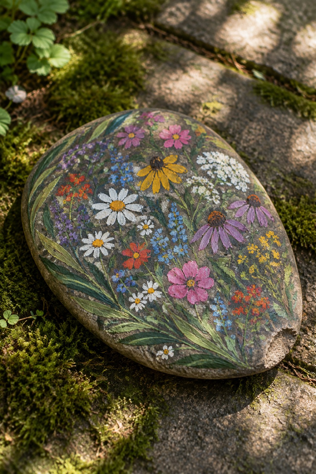 Painted stone blooming with colorful wildflowers on mossy rocky ground