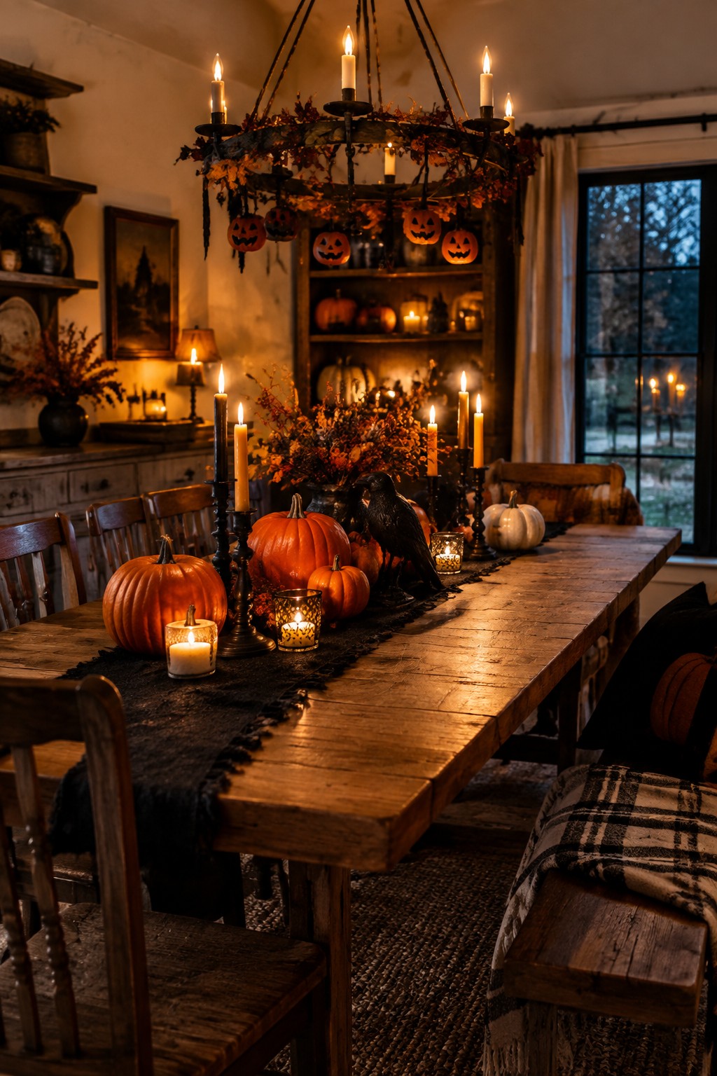 Rustic wooden table with pumpkins, lit candles, crow, and leaf chandelier overhead