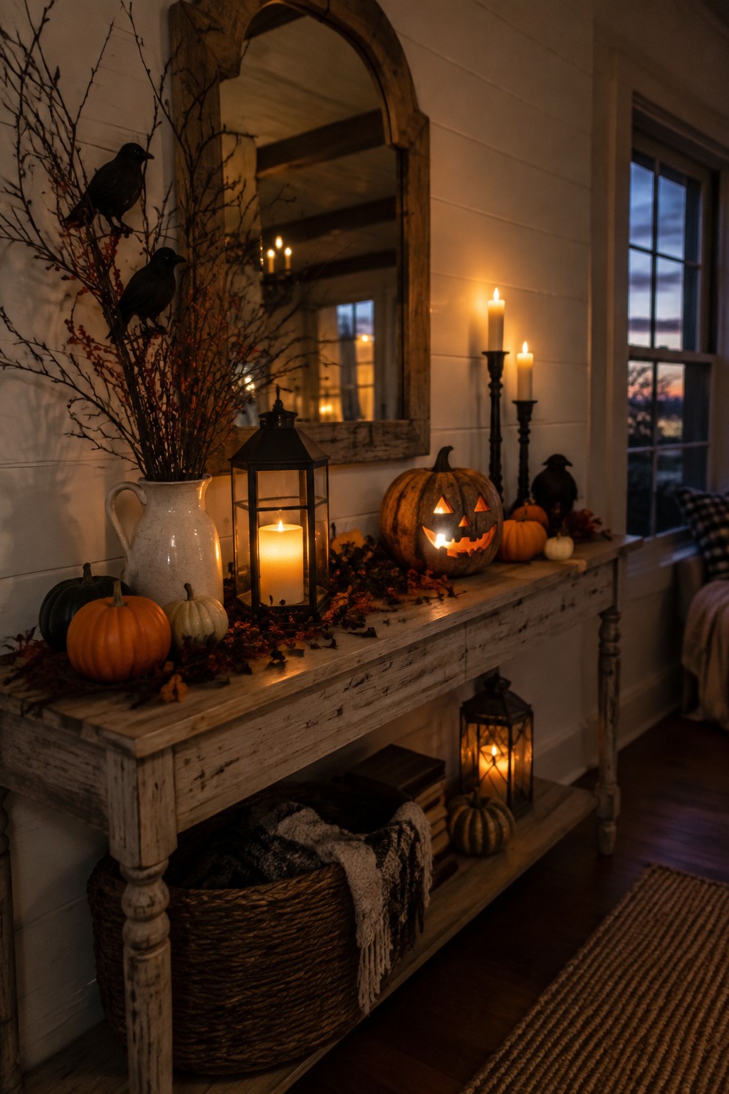 Rustic entryway console table with a carved glowing jack o lantern, black crows on branches in a white pitcher, and several lit lanterns.