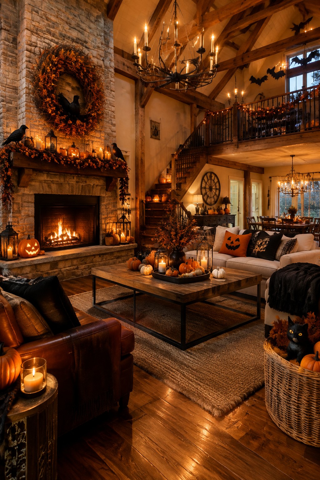 Stone fireplace mantel in a rustic living room decorated with a large wreath containing black crows, orange leaves, garlands, pumpkins, and candles.