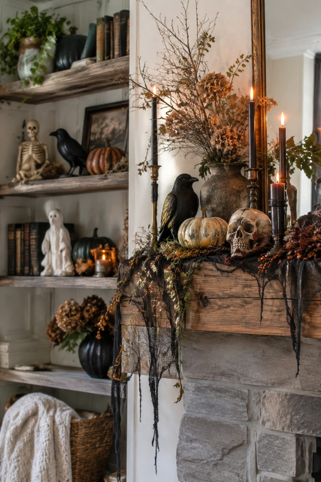 Rustic wooden mantel over a stone fireplace styled with a skull, black crow, white pumpkin, black candles, and dark draped fabric.