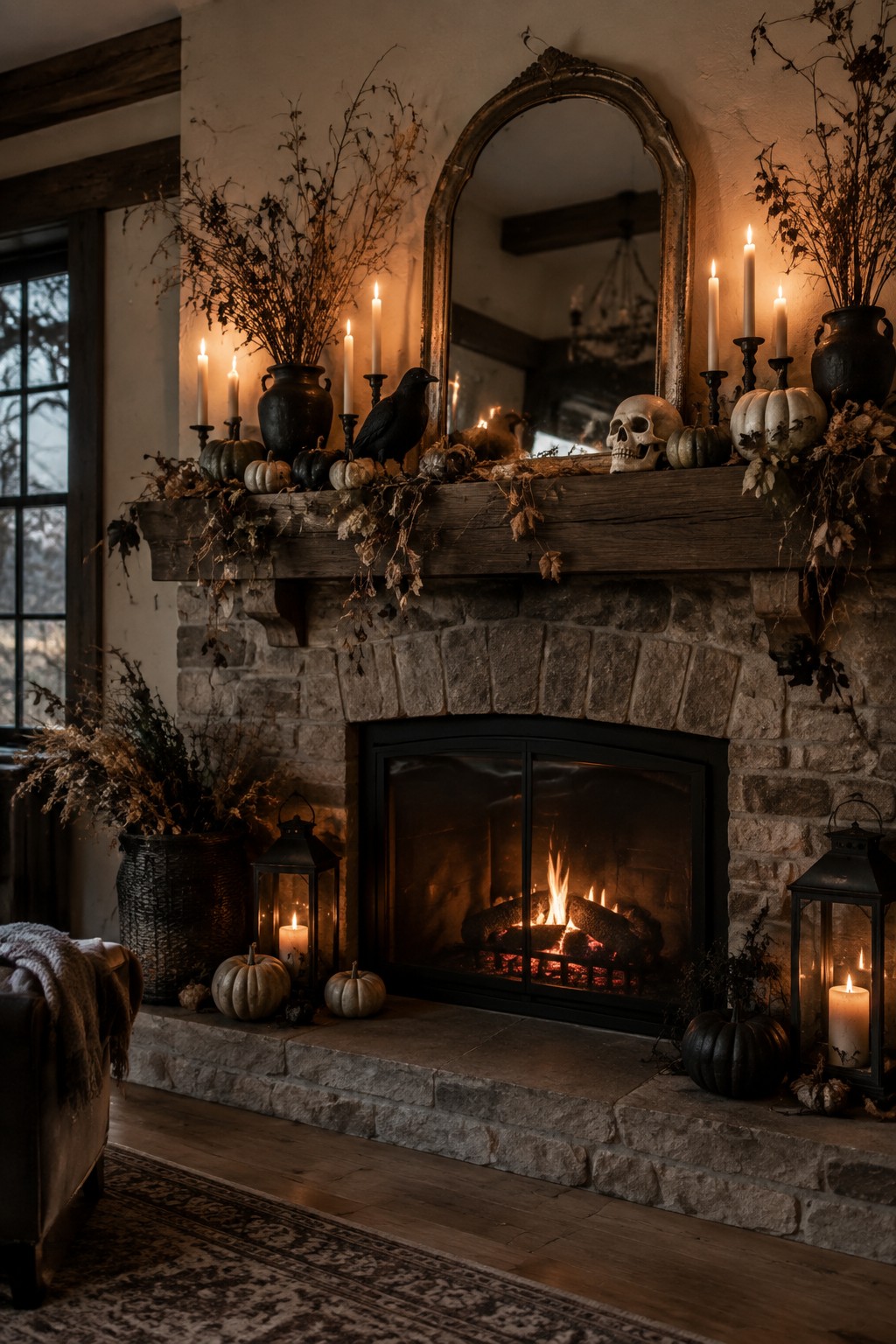 Stone fireplace mantel styled with skulls, black crows, white candles, and small pumpkins for Halloween.