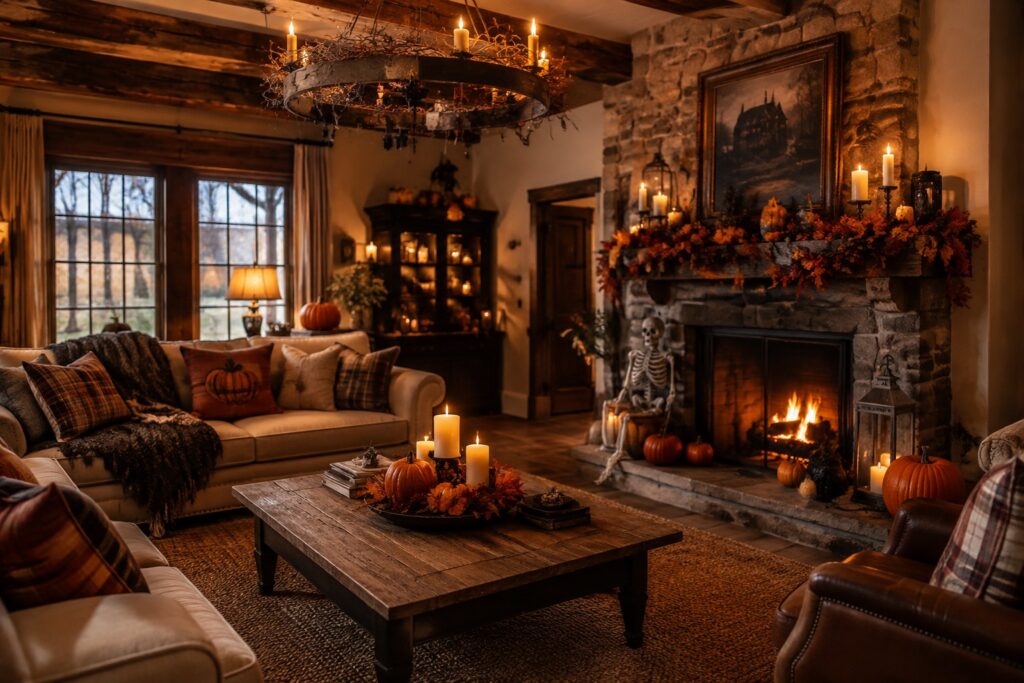 Stone fireplace mantel decorated with a grapevine wreath holding black crows, small pumpkins, and lit candles and lanterns.