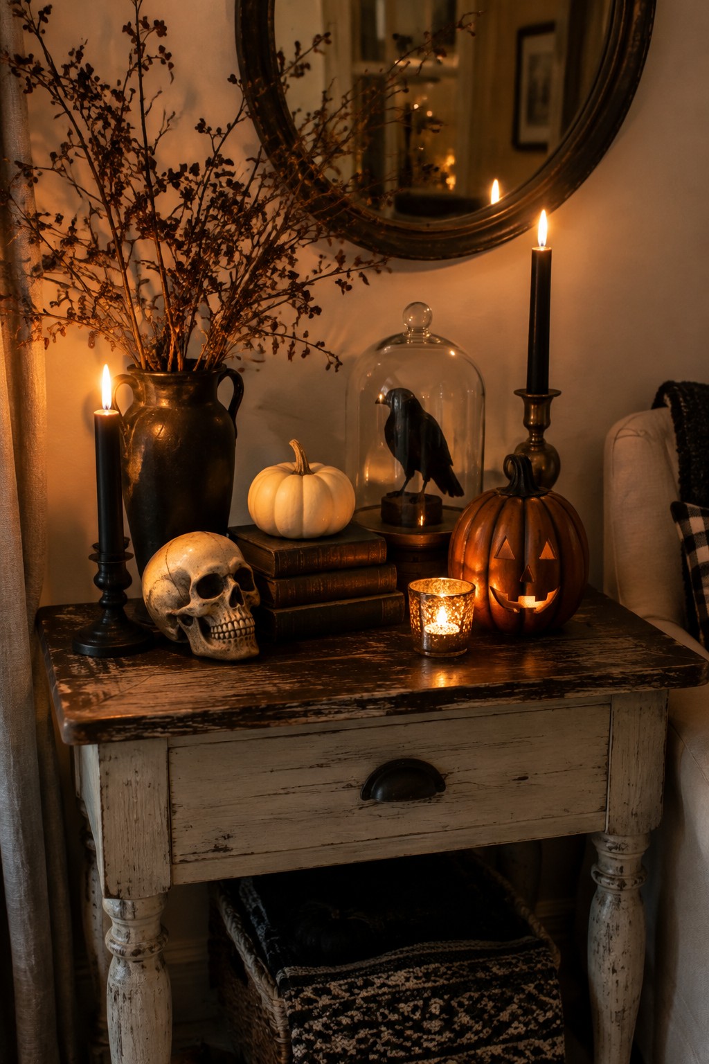 Rustic table with skull, jack-o'-lantern, black candles, crow cloche, and white pumpkin.