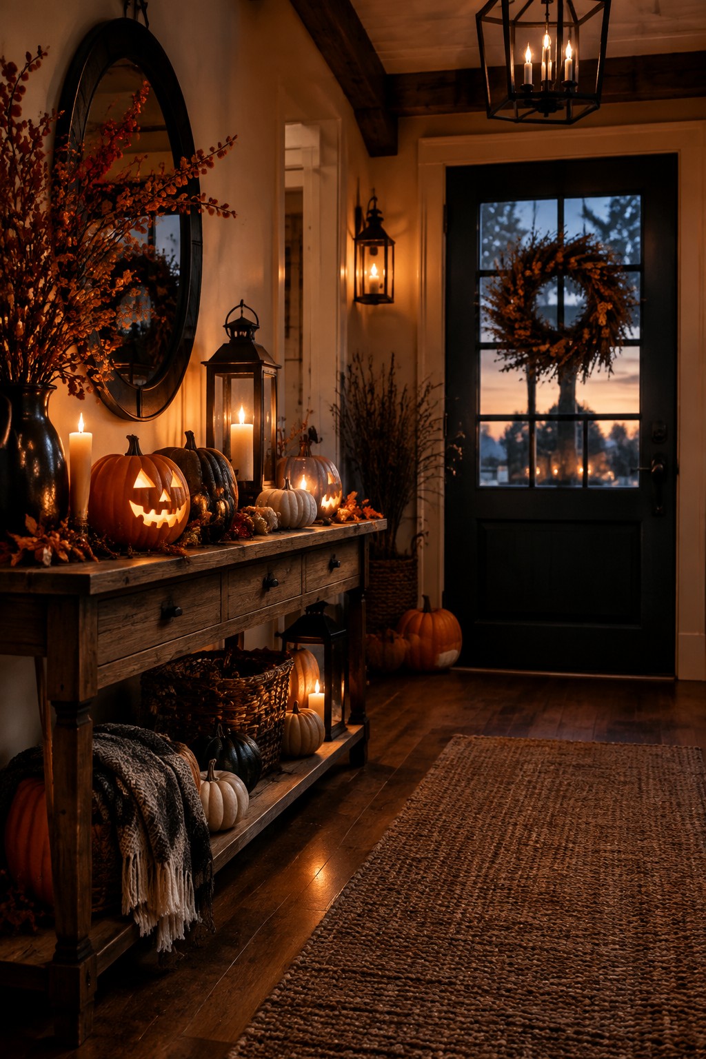 Rustic wooden console table in an entryway lined with carved jack-o'-lanterns, lanterns, and small pumpkins near a black front door.