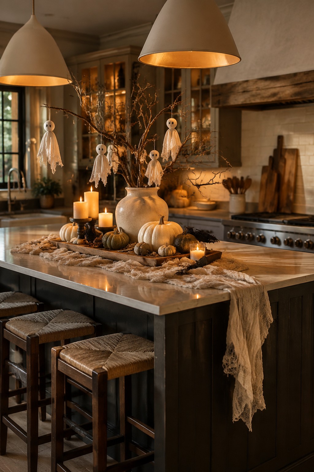 Kitchen island with ghost ornaments, pumpkins, candles on wooden tray and fabric runner