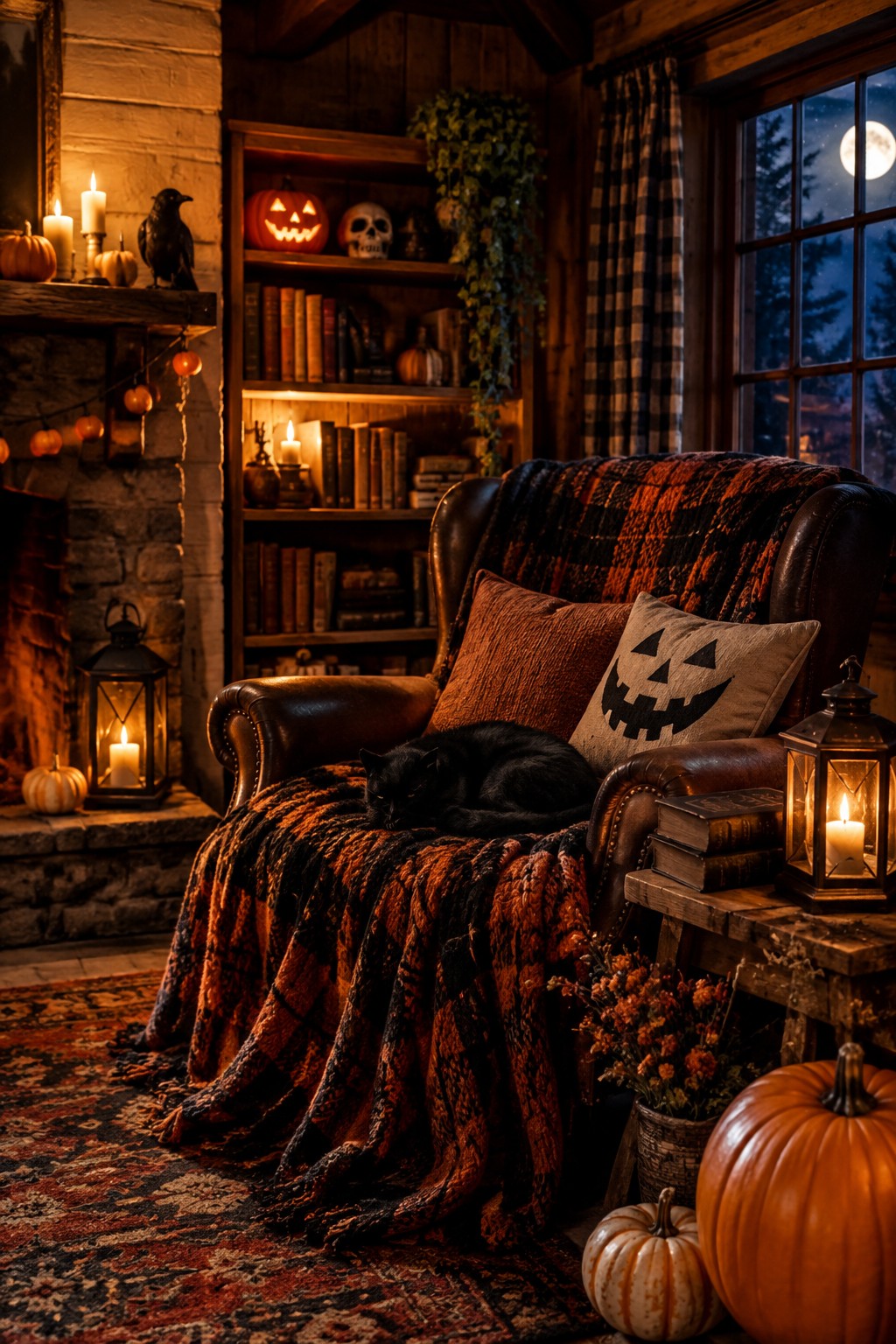 Rustic living room mantel styled with carved jack o lanterns, a skull, candles, and a black crow for Halloween.