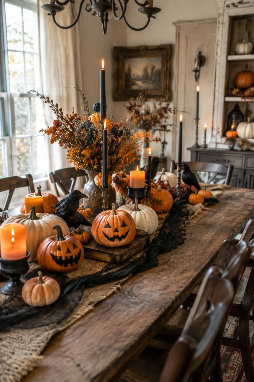 Rustic wooden table with carved pumpkins, lit candles, black crows, and autumn foliage.