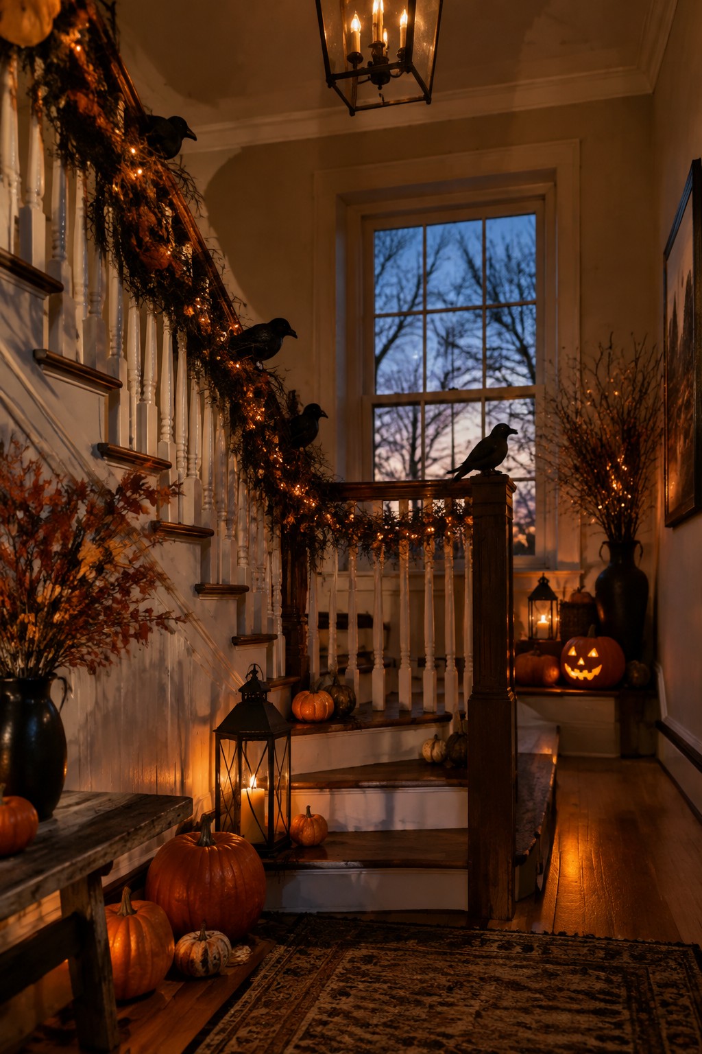 Indoor staircase decorated for Halloween with black crows perched on a lit garland along the wooden railing and pumpkins placed on the steps.