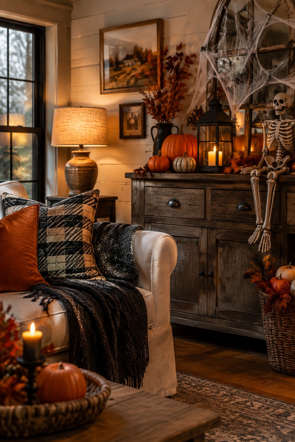 A rustic living room console holds a decorative skeleton draped in spiderwebs beside a lit lantern and several pumpkins.