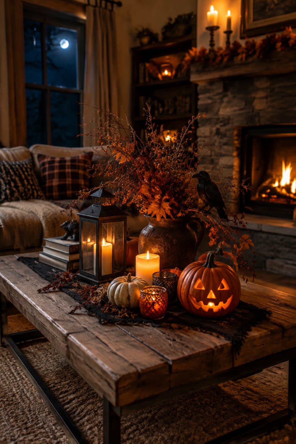 Cozy wooden table with carved pumpkin, lit candles, autumn leaves, lantern, and black bird.