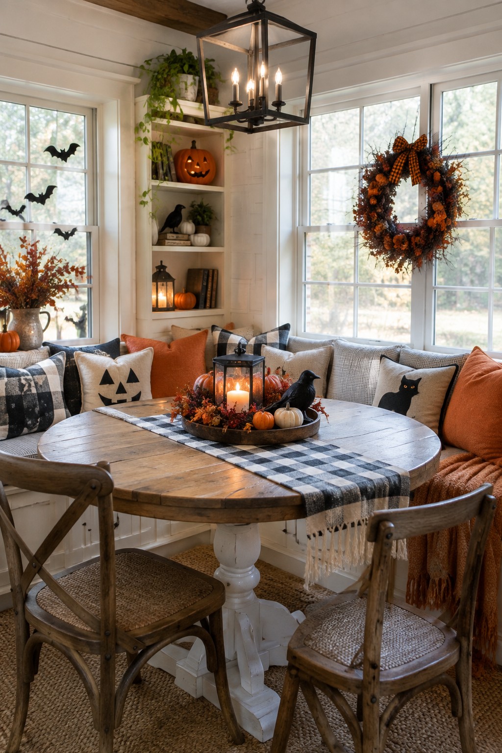Round farmhouse dining table with a plaid runner and a wooden tray centerpiece holding a lit candle, black crow, and small pumpkins, surrounded by Halloween themed pillows and window bats.
