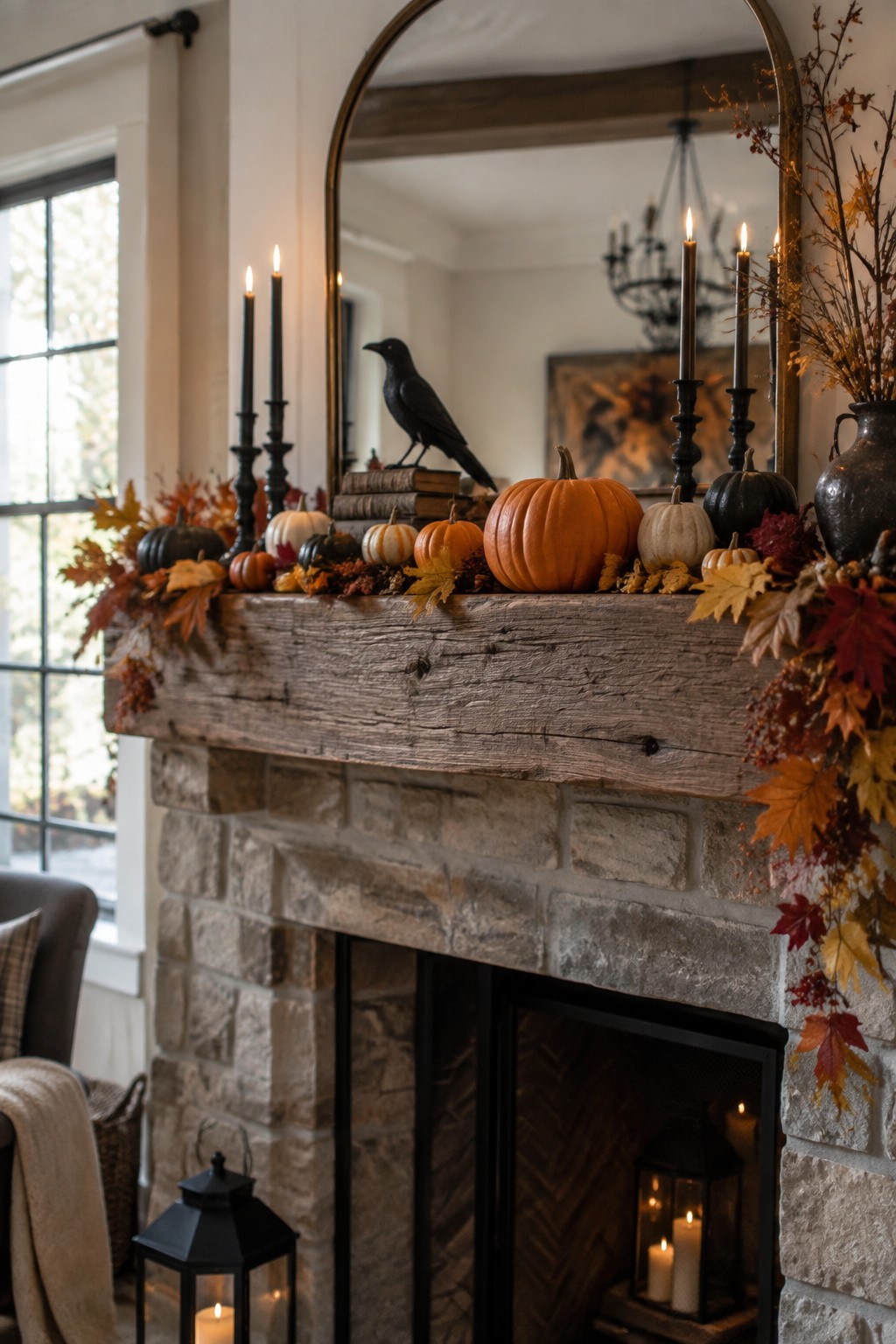 Stone fireplace mantel adorned with pumpkins, autumn leaves, and lit black candles