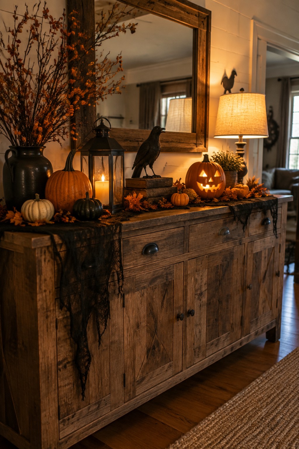 Rustic wooden console table styled with a carved glowing jack o lantern, black crow figurine, lantern, and black lace runner.