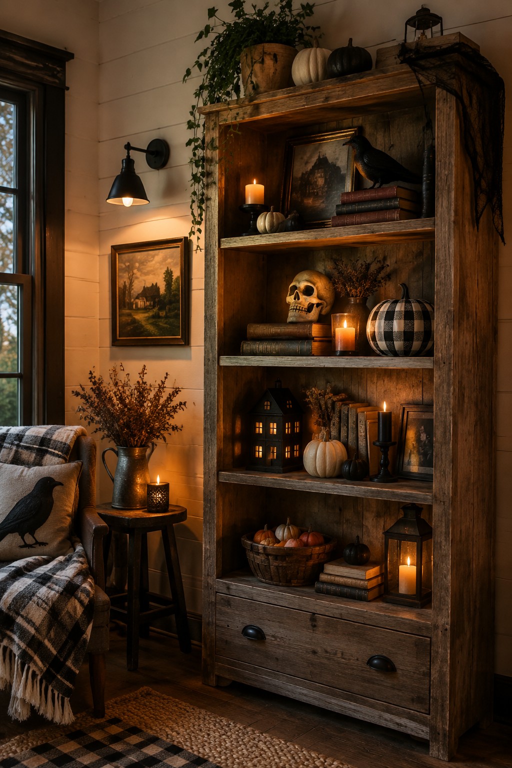 A rustic wooden bookshelf styled with a skull, black crow, old books, and lit candles for a farmhouse Halloween display.