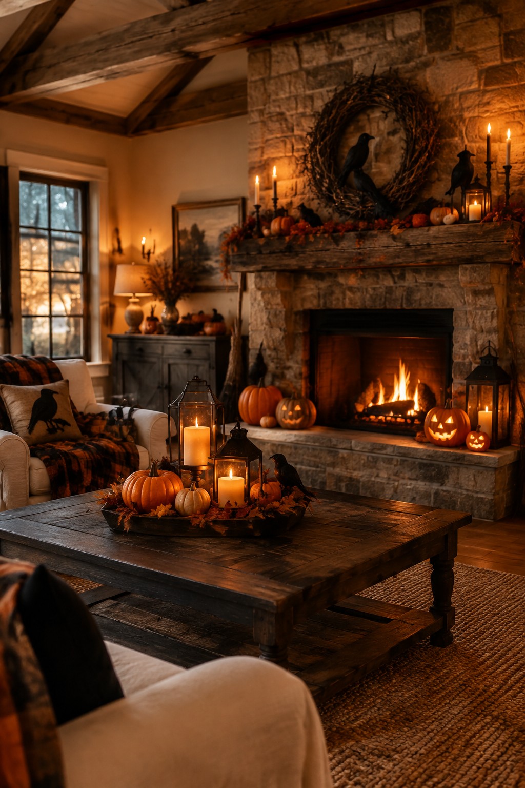 Stone fireplace mantel decorated with a grapevine wreath holding black crows, small pumpkins, and lit candles and lanterns.