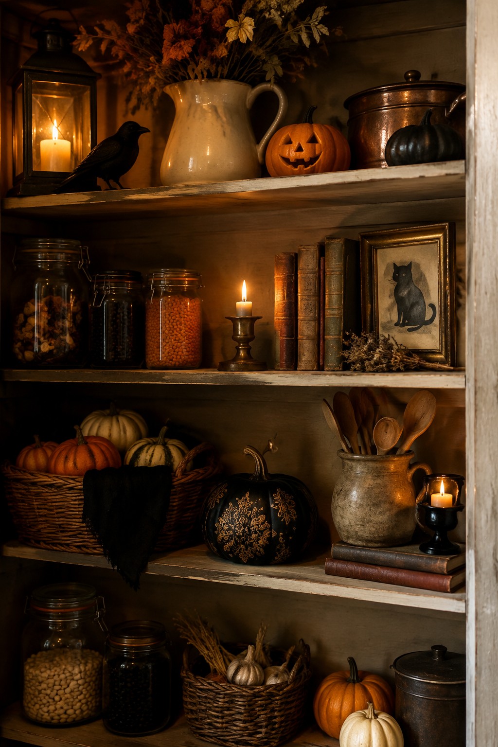 Rustic wooden shelves styled with carved jack o lanterns, a black crow, glass jars, old books, and a framed black cat illustration.