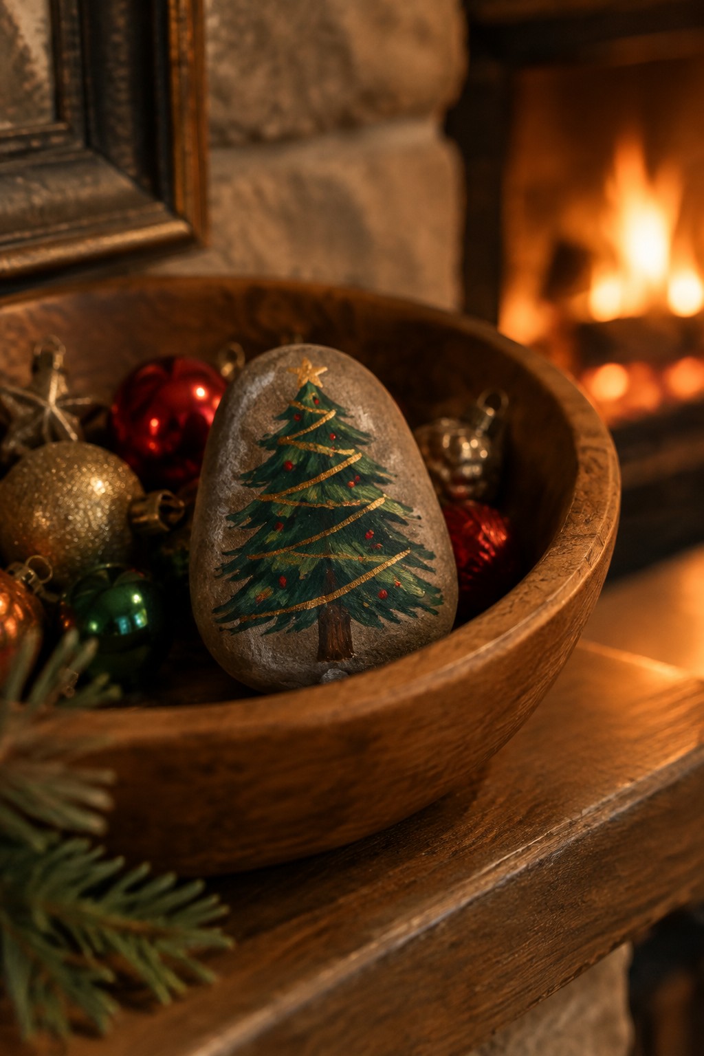 Painted Christmas tree rock in wooden bowl with ornaments by lit fireplace
