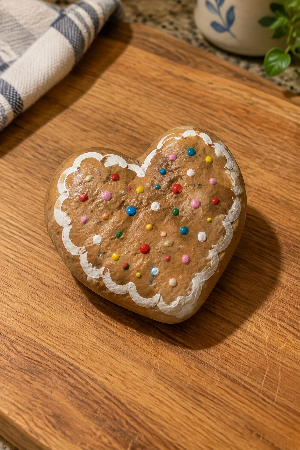 Heart-shaped gingerbread cookie with white scalloped icing and colorful dots on wood.