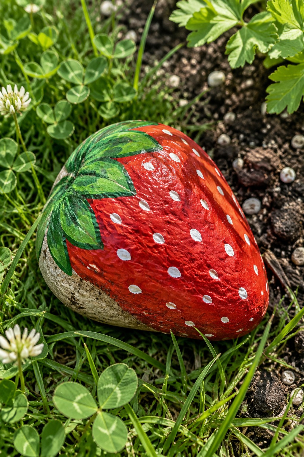 Bright red painted rock strawberry with white dots and green leaves amid grass and clover.