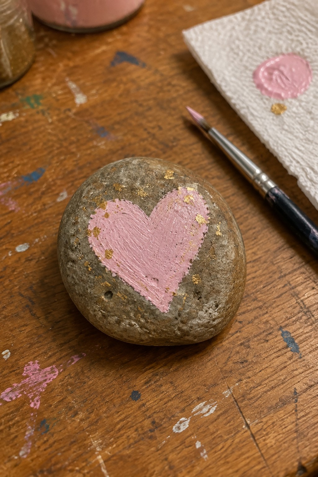 Painted stone with pink heart and gold accents beside paintbrush on wooden table