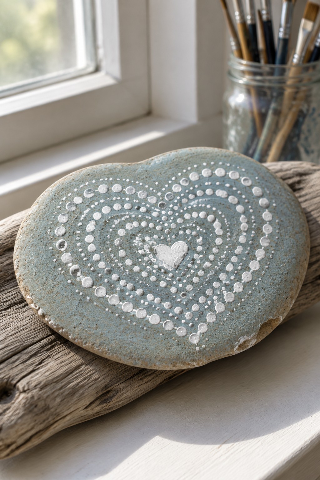 Light blue heart-shaped ceramic with white dotted spiral and central heart on wood