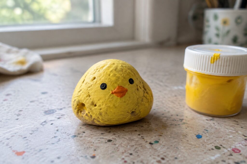21 Tiny Painted Rock Ideas Made as Pocket Tokens and Gifts Yellow painted rock chick with black eyes and orange beak beside yellow paint jar
