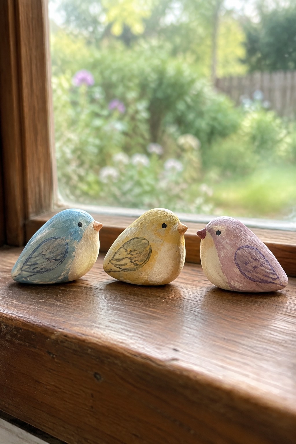 Three hand-painted bird-shaped rocks in blue, yellow, and pink on a windowsill