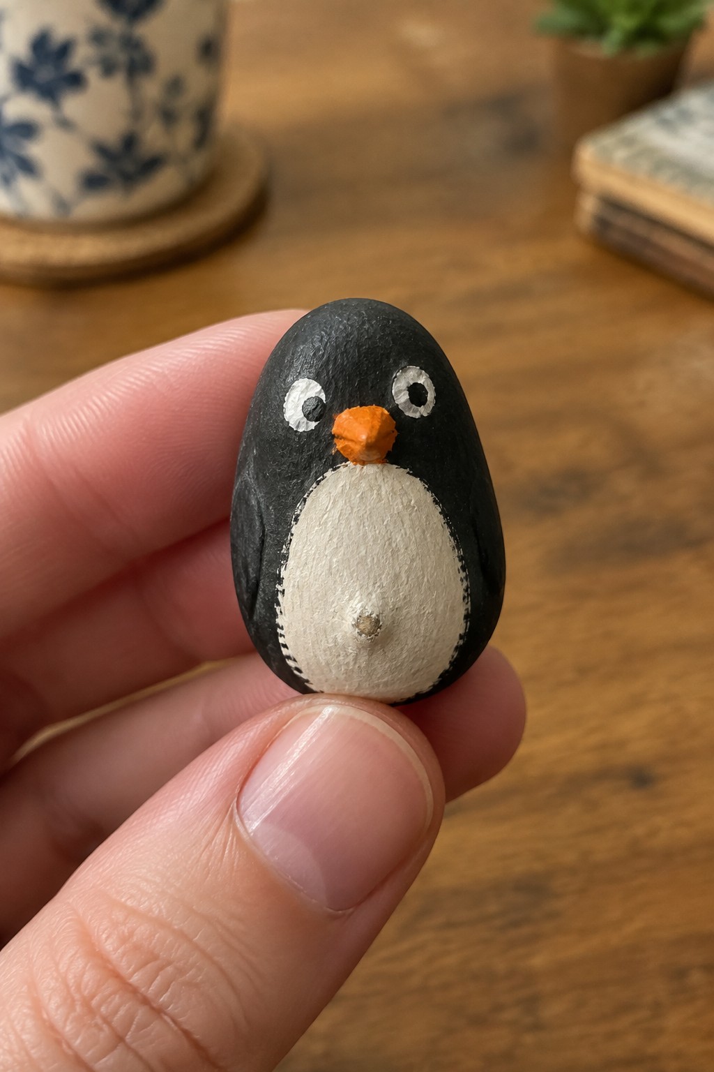 Hand holding small black-and-white painted penguin pebble with orange beak.